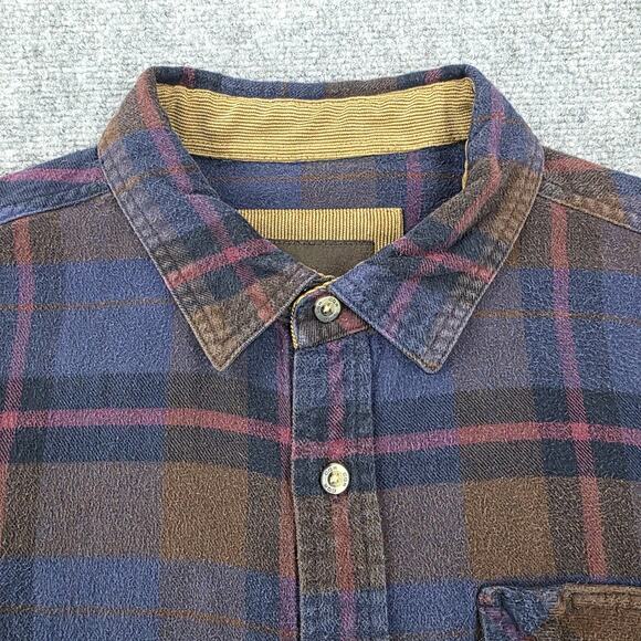 CQR Flannel Shirt Mens Large Blue Brown Plaid Long Sleeve Corduroy Collar Pocket - Picture 11 of 16